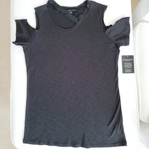 Boston Proper Cold Shoulder Choker Black Slub Tee Shirt Size XS NWT